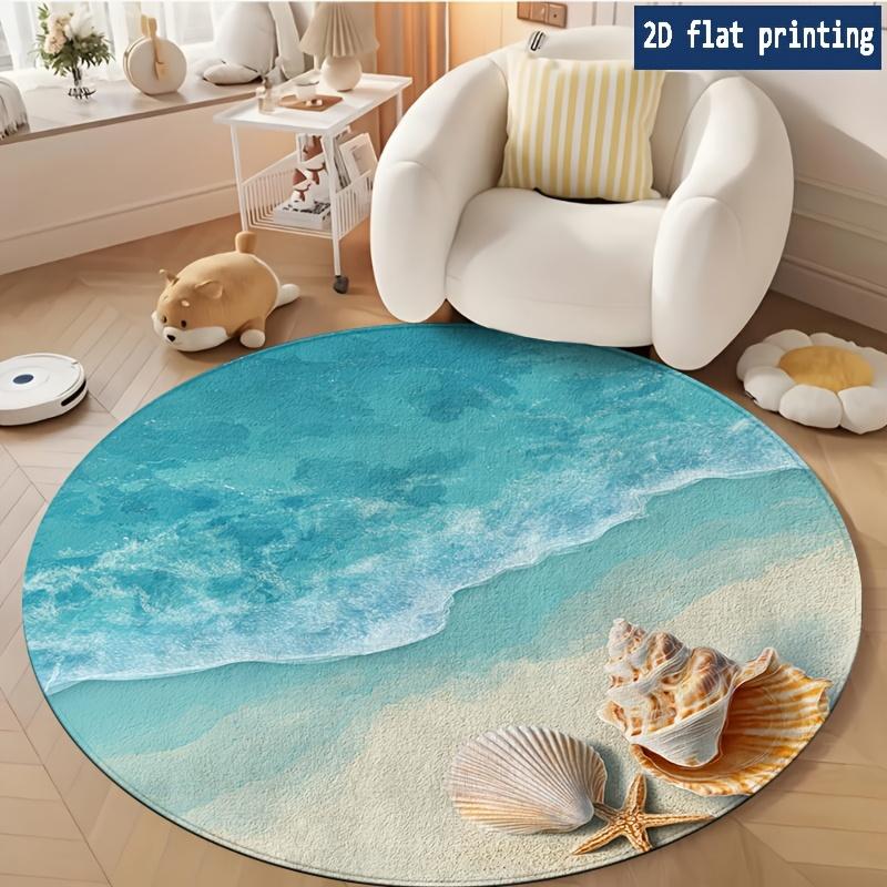 Coastal Nautical Round Rug Sea Shell Pearl Area Mat Vintage Golden Starfish Pattern Nordic Couch Bedside Decor Carpet