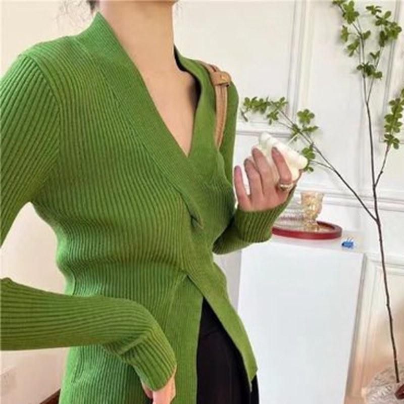 Женский вязаный нижний свитер Весна Осень V-образным вырезом сплошной цвет с длинным рукавом Дизайн Крест