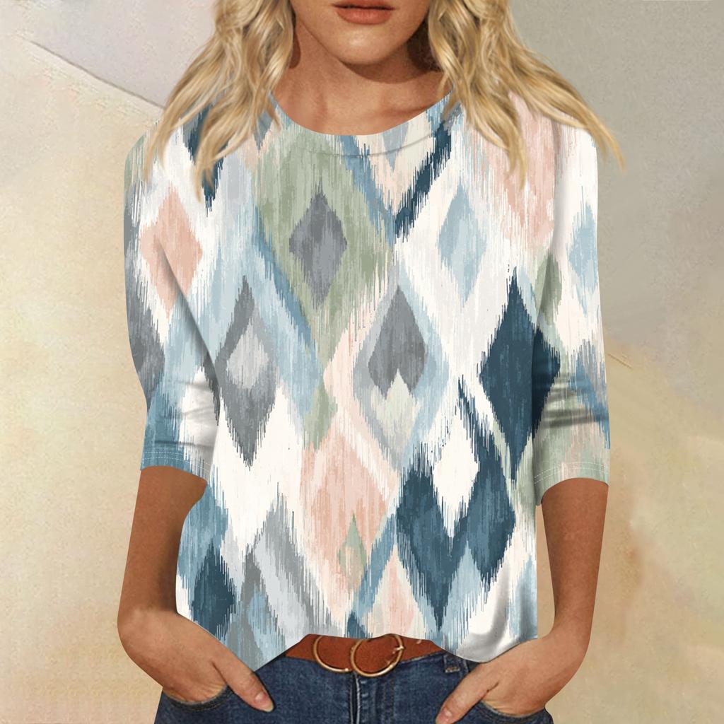 Women's Fashion Casual Round Neck Three-quarter Sleeve Gradient Print T-shirt Top