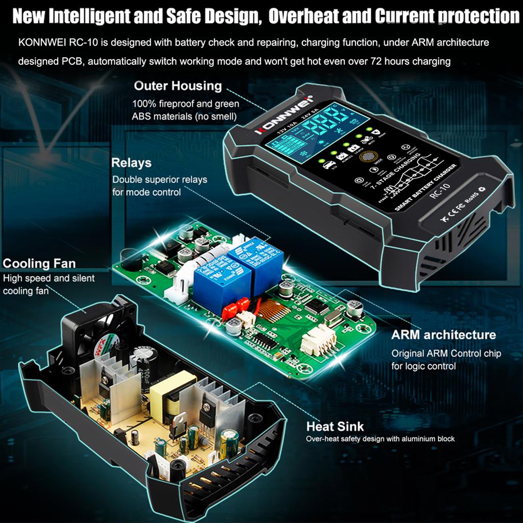 Konnwei RC10 12 В 10 А и 24 В 5 А зарядное устройство импульсный ремонтный инструмент для свинцово-кислотной автомобильной промышленности,