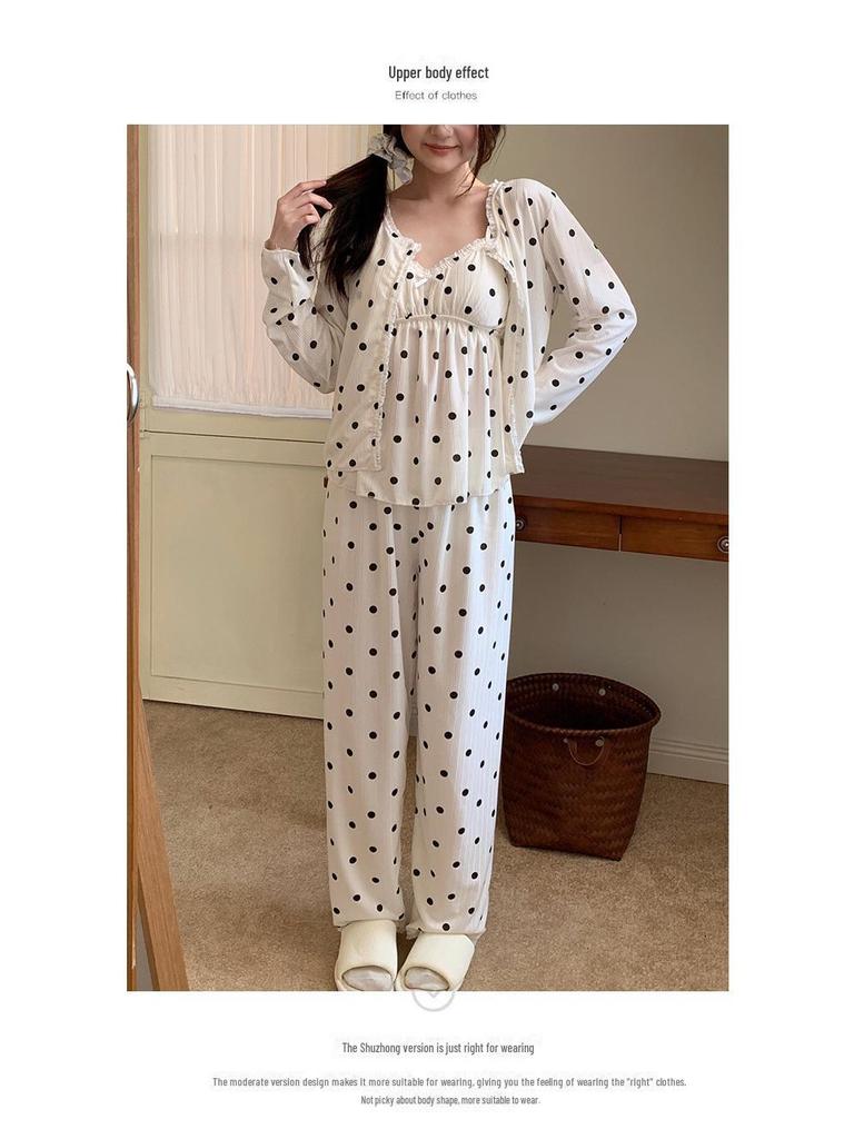 Women's Cross-Border Pajama Set: Spring/Autumn Polka Dot Cardigan & Suspender with Chest Pads, Korean Style, Pure Desire, 3-Piece Home Wear.