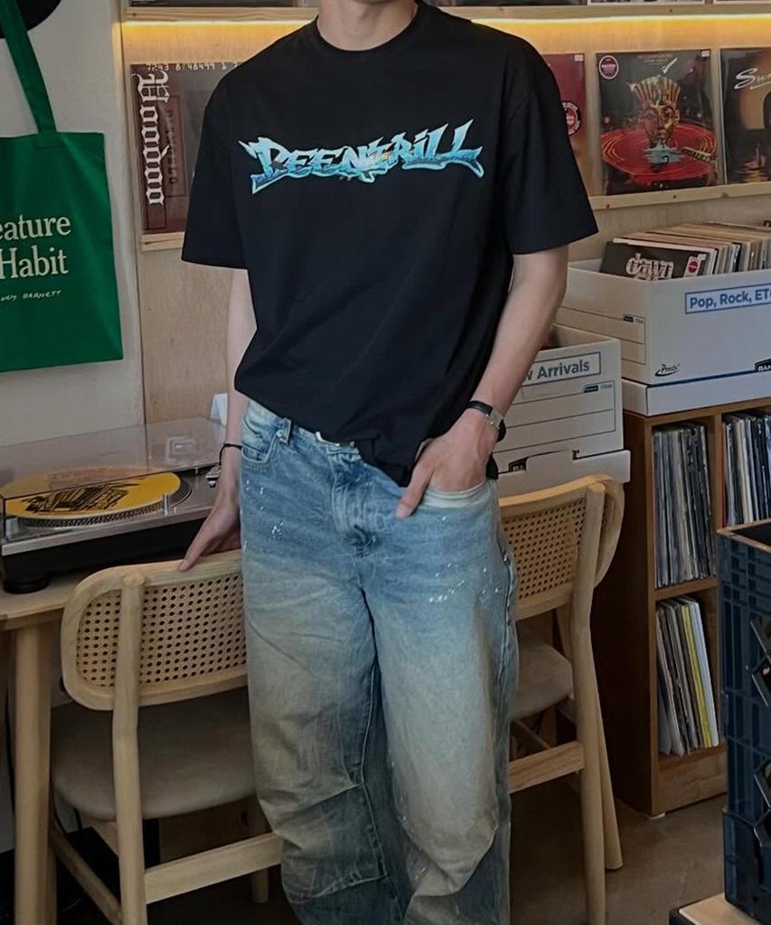 BEENTRILL Y2K Металлическая Графическая Логотип Оверсайз Короткий Рукав Футболка (черный)