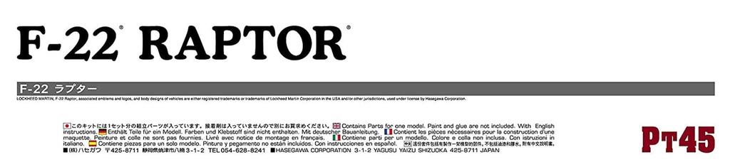 Hasegawa US Air Force Air Superiority Fighter Raptor Plastic Model Dual Use PT45 1/48 F-22