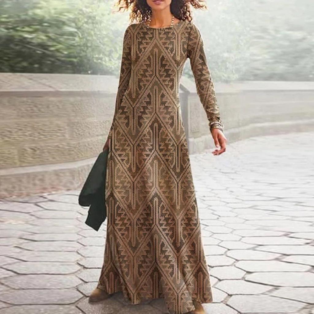 Women's Autumn And Winter Dress O-Neck  Long Sleeve Digital Print Round Neck Long Sleeve  Dress