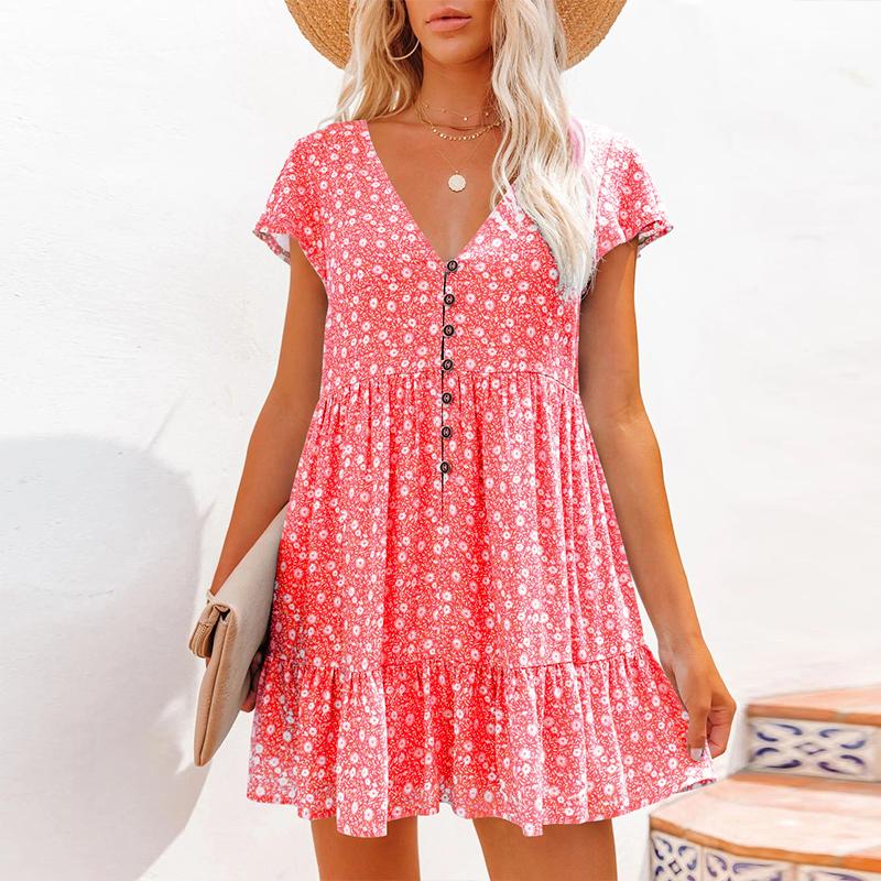 Summer Women'S Chiffon Dress Sexy V-Neck Floral Mini Beach Dresses Fashion Ruffles Button Loose Femme Sundress Vestido