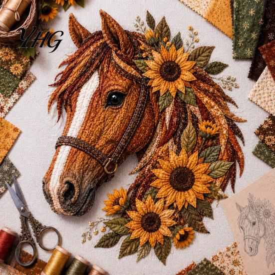 Textile Patchwork Starter Floral Horse Kit, Fabric DIY Zero Based Sewing Project Kit for Adults, Handmade Wall Decor Craft