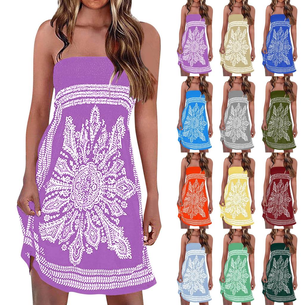 Женское летнее сексуальное пляжное платье без бретелек без рукавов с принтом в стиле бохо и рюшами