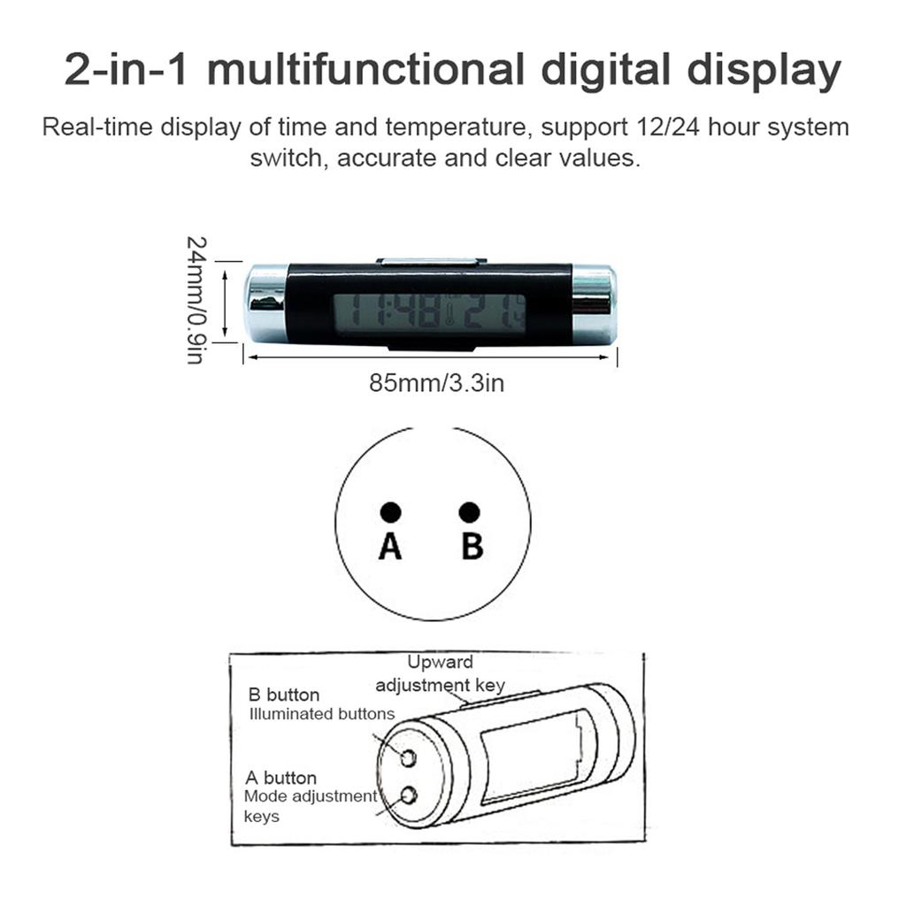 2 in 1 Car Clock Temperature Meter Gauge Air Outlets Clip on LED Digital Display Thermometer with Blue Backlight 12H