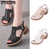 Vintage Elegant Mid Square Heel Women Sandals Summer Peep Toe Cross Tied Side Zipper Design Shoes