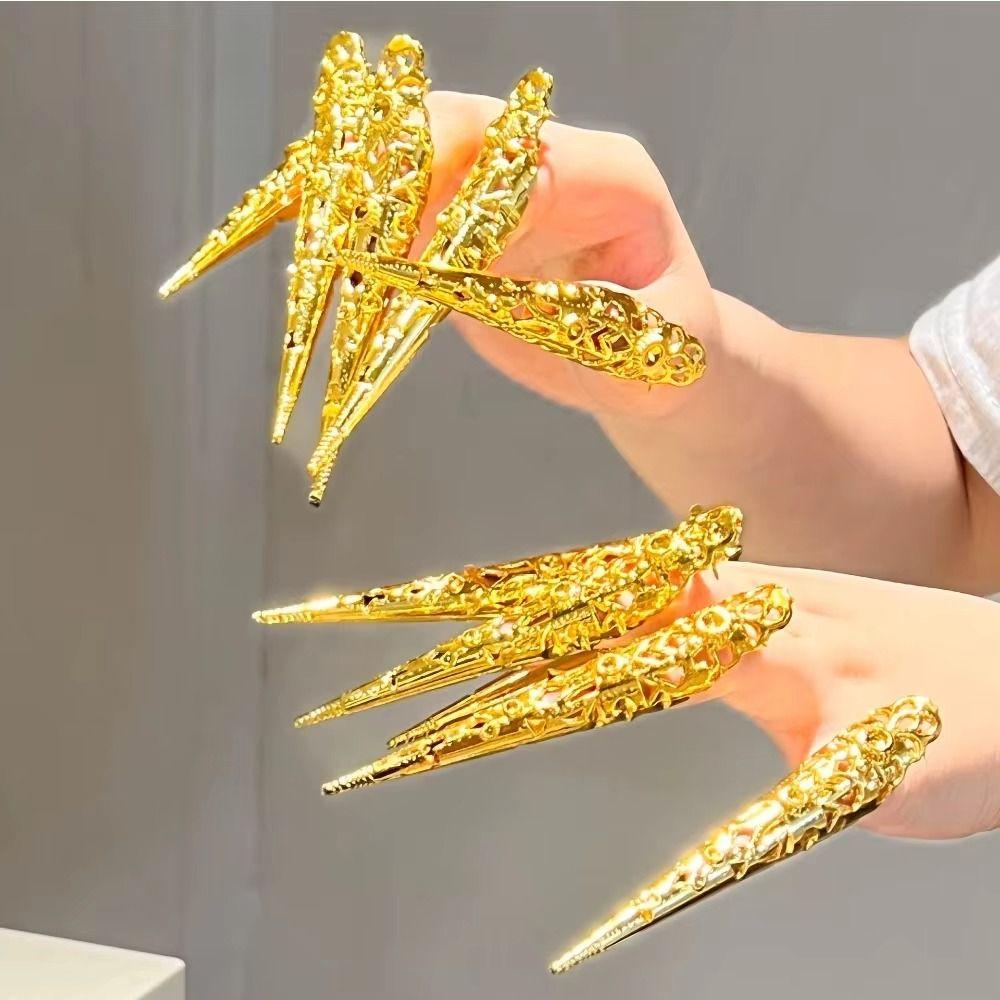 10PCS Hollow Design Fingertip Nail Ring Antique Style Cosplay Jewelry Dance Performance
