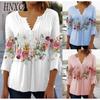 Весенне-летняя мода Женская одежда Цветочный принт V-образный вырез Короткий рукав Плиссированная Пуговичная футболка Базовый слой