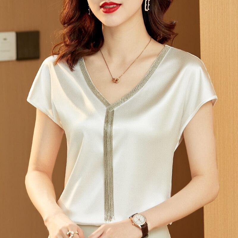 Women Silk Fashion Tops Solid V-neck Tassel Satin Bat Sleeve Blouse For Women Office Lady Loose Plus Size Blouse Blusa 15494