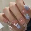 24 Pcs Sea Salt Macaron Clear Diamond Model Wearing Nail Long Fake Nail Star Moon Nail Piece Nail