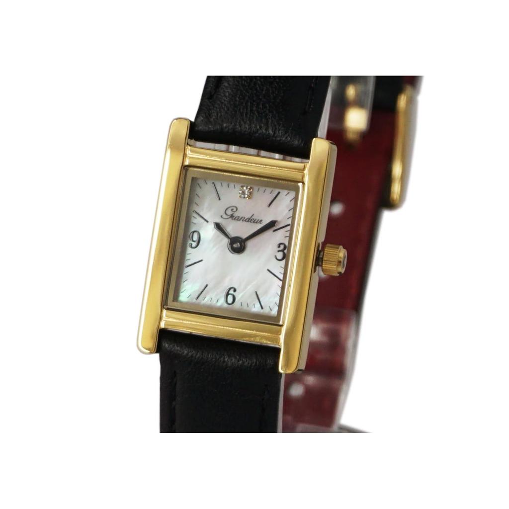 GRANDEUR ELEGANCE ESL071G3 Women's Quartz Watch Small Square Gold Case Black Leather Shell Dial Crystal Bezel