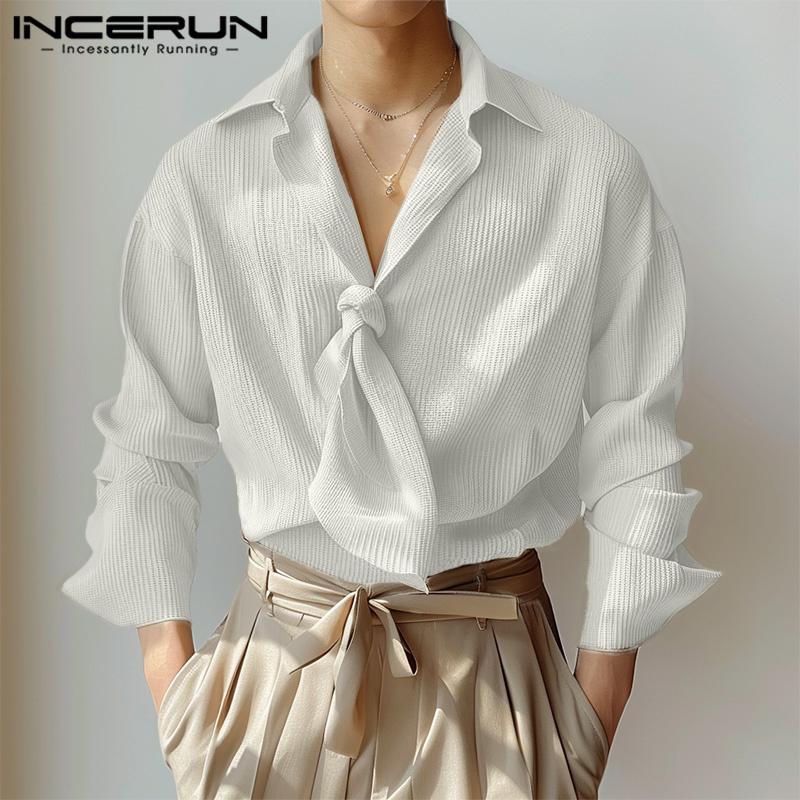 INCERUN Men Spring Long Sleeve Bow Tie Knitted Tops Lapel Loose Pullovers