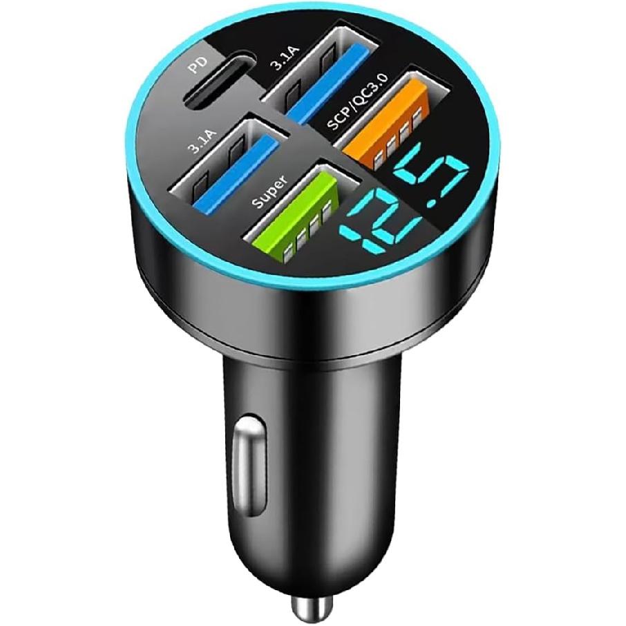 66W 5 Port Car Charger, 12-24V Quick Charge Automotive Fast Charging with USB PD Super QC 3.0 Cigarette Lighter Plug, Universal for SUV Truck RV 15