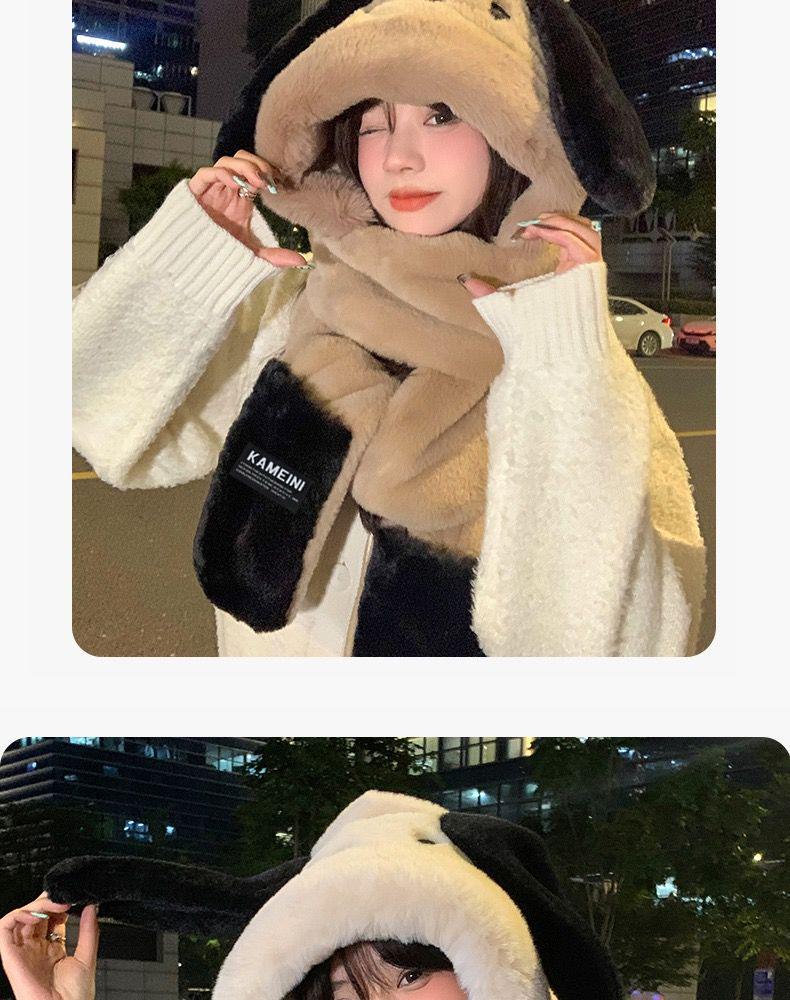 Women's Cute Bear Plush Hooded Snood with Warm Gloves and Scarf Set