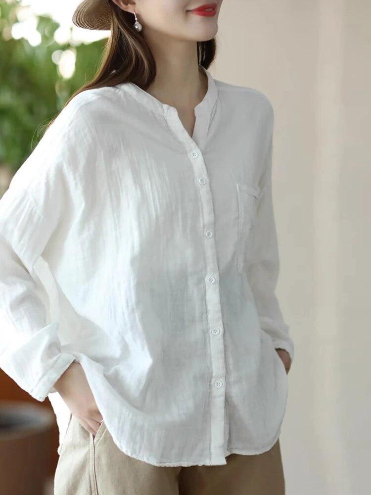 Johnature Женские винтажные двойные хлопковые рубашки с v-образным вырезом и длинными рукавами, однотонные мягкие блузки, весенние свободные рубашки