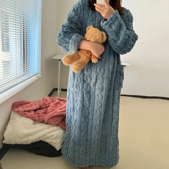Women's Flannel Nightgown Fuzzy Fleece Sleepdress Loose Crew Neck Long Nightdress with Pockets Cozy Plush Warm Winter Pullover Loungewear