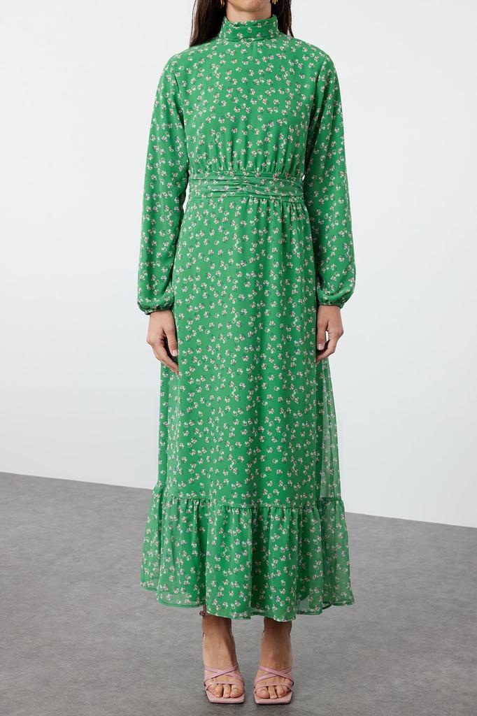 Женское стильное платье-хиджаб с зеленым цветочным принтом, высоким воротником и талией, на подкладке, шифоновое тканое платье