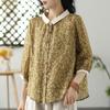 Spring Summer Breathable Loose Cotton Linen Printed Seven Quarter Sleeve Patterned Shirt Top for Women Blouses & Shirts