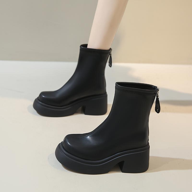 Fashion 2025 New Thick Bottom Ankle Boots for Women Spring Autumn Fashion Women's Shoes Chunky High Heels Round Head Short Boots