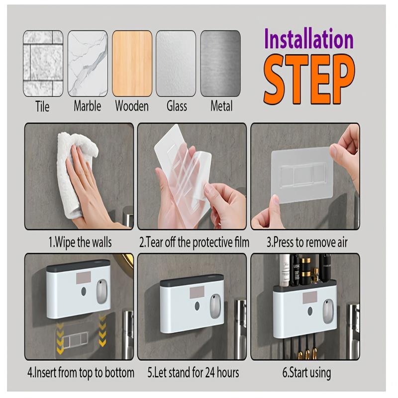 Умный стерилизатор для зубных щеток с автоматическим дозатором зубной пасты — настенное крепление, 5 отсеков для хранения, прочный пластик, перезаряжаемая батарея через USB.