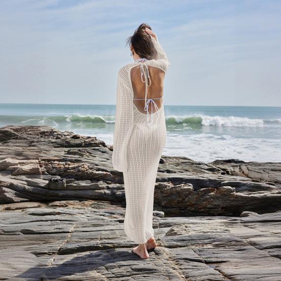 Женское пляжное платье с открытой спиной, трикотажным принтом, шнуровкой на бретелях, V-образным вырезом, свободным халатом, длинным рукавом, защитой от солнца, женским купальником-бикини, пляжной одеждой