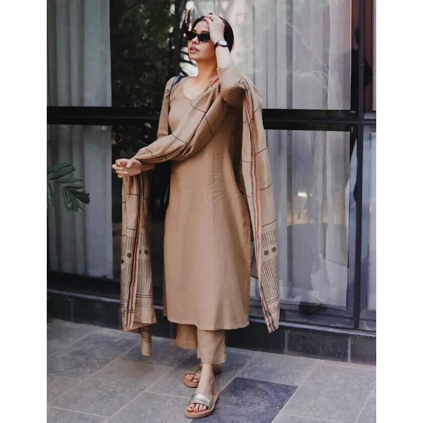 Women Party Wear Cotton Rayon Kurti Pant Dupatta Set Indian Bollywood Top Tunic VF-20136