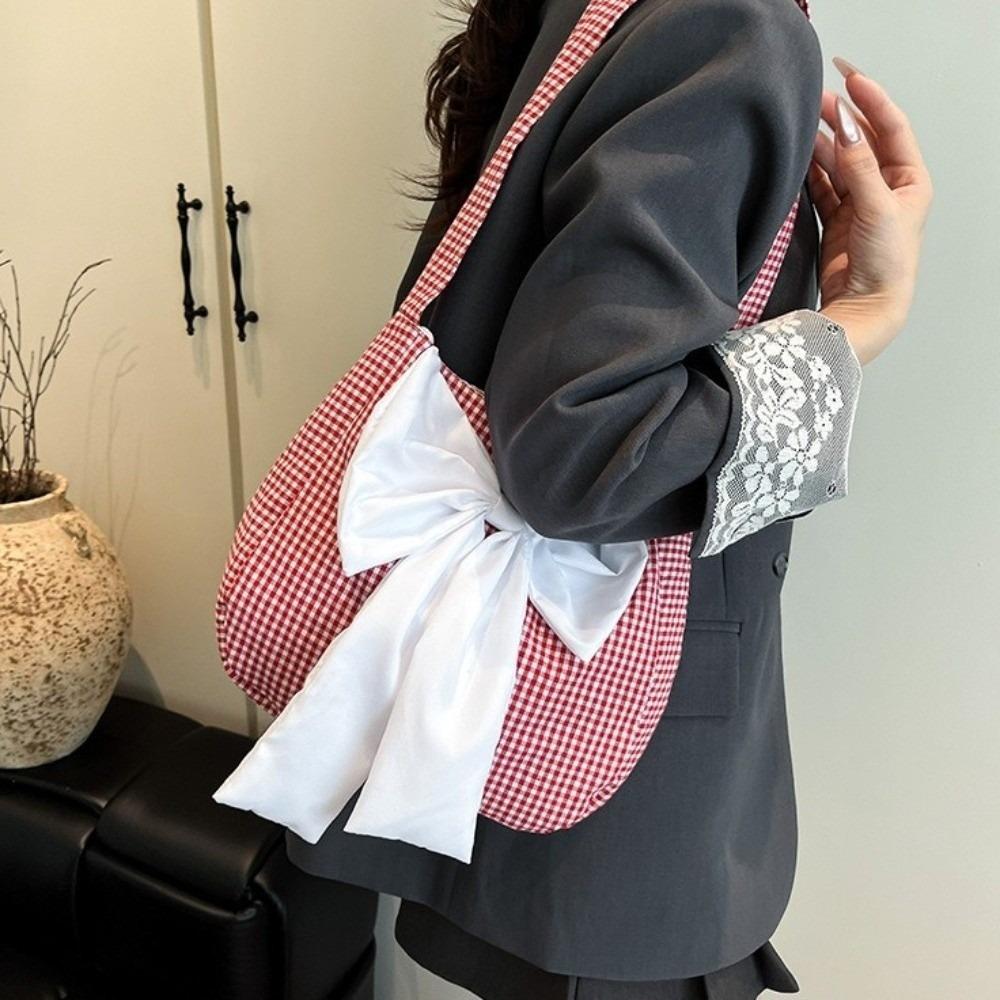 Lattice Bow Shoulder Bag Japanese Style Canvas Tote Bag Portable Plaid Shoulder Bag  Girl
