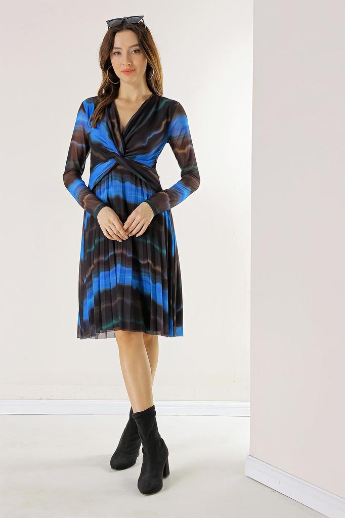 Двубортное платье из тюля с завязками на подкладке и волнистым узором спереди, плиссированное платье из тюля