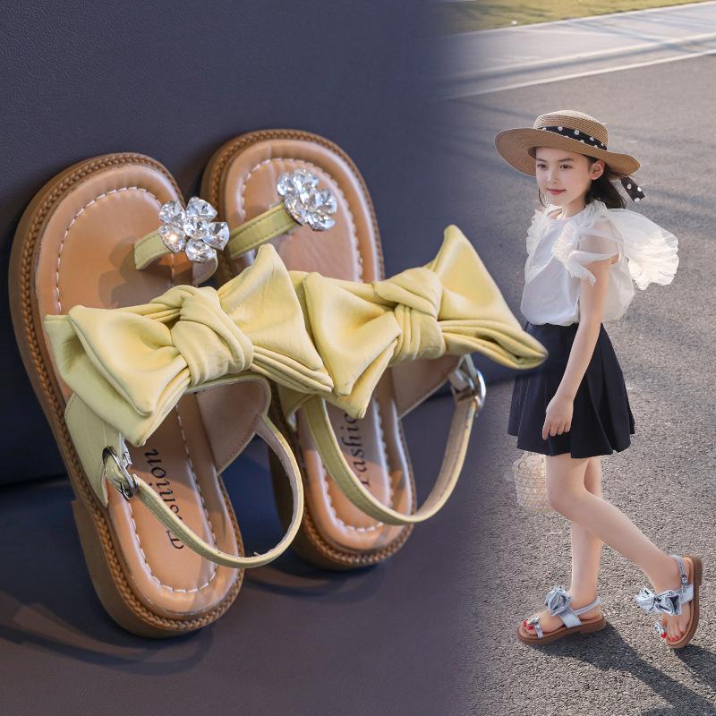 Girls' Bowknot Open-Toe Sandals2026New Summer Rhinestone Heart Princess Sandals for Older Girls and Little Girls