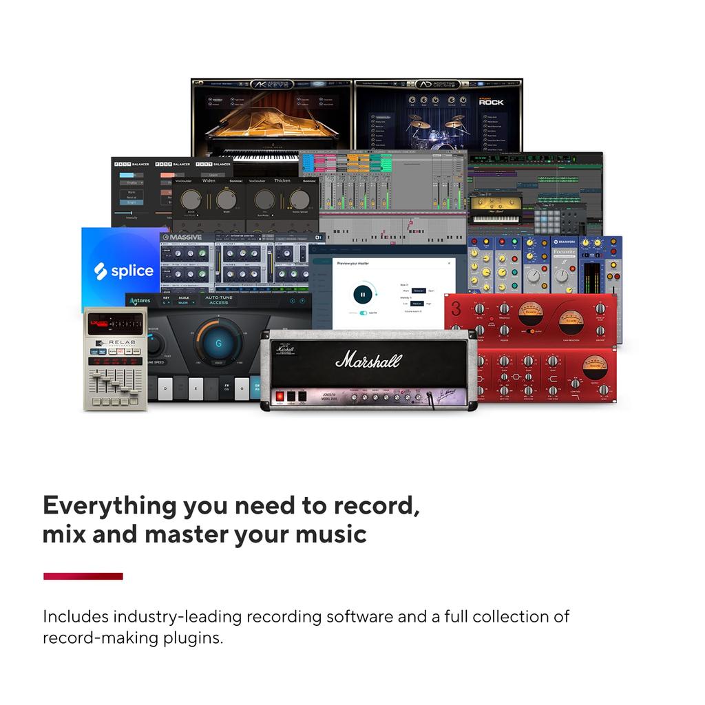 Focusrite Scarlett 2i2 USB-аудиоинтерфейс 4-го поколения для подкастинга. Все необходимое программное обеспечение для записи, написания песен,