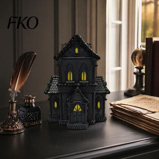 Lighted Gothic Home Decor Halloween Village House Statue with LED Light, Style Table Centerpiece Black Spooky Figurine for Tabletop Holiday