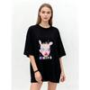 Oversized T Shirt Black Punk Style Graphic Print With Rabbit Ears And Colorful Face Art For Casual Wear