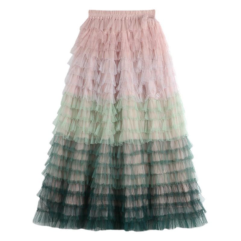 DX ~~ Новая сетчатая юбка с радужным градиентом для женщин, новая пышная юбка средней длины с высокой талией для похудения