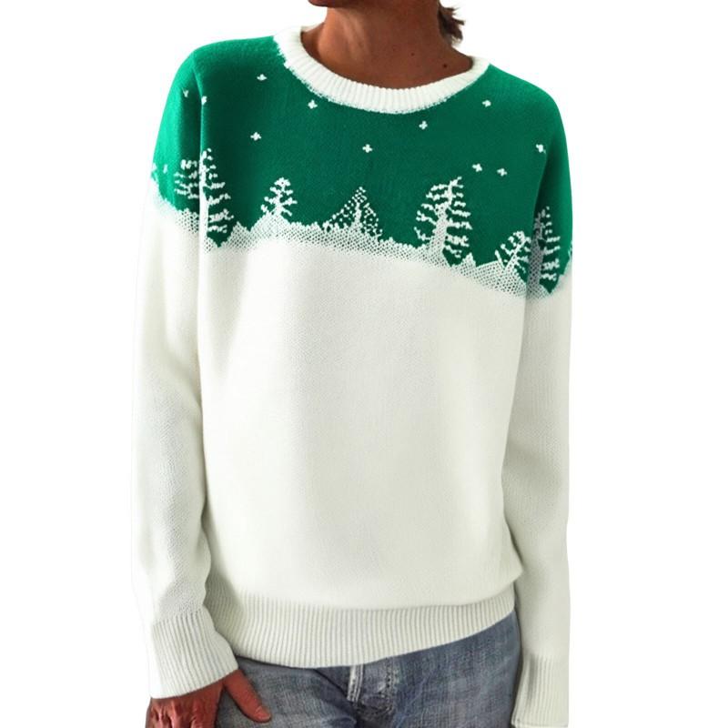 Womens Round Neck Colorblock Loose Knit Sweater With Geometric - Acrylic Long Sleeve Casual Elegant Style