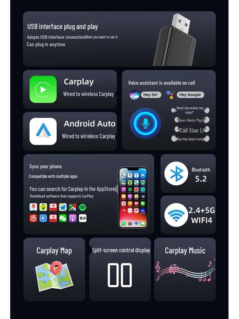 Беспроводной адаптер CarPlay и Android Auto 2-в-1 для бесперебойной автомобильной навигации