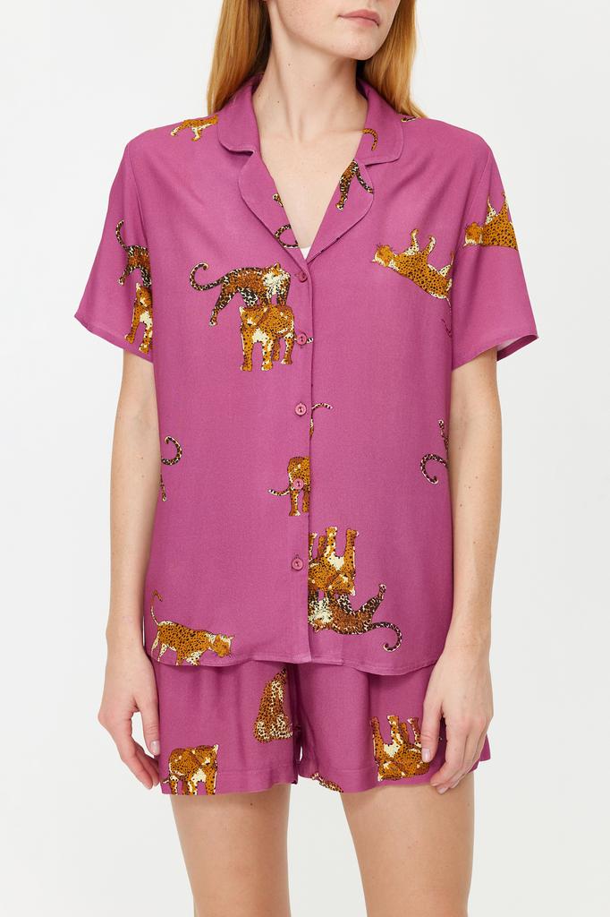 Women's Fashion New Pajama Set Dark Rose Animal Patterned Viscose Shirt-Shorts Woven Pajama Set