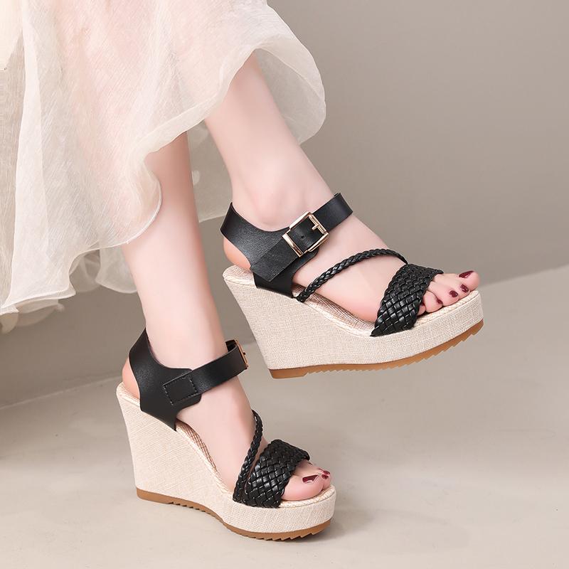 Fashion Summer Super High Heel Thick Bottom Wedge Heel Sandals Women Waterproof Platform One-strap Non-slip Leather Sandals Large Size