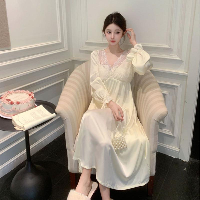 New spring and autumn palace-style nightdresses, long women's ice silk nightgowns, sweet and pure long-sleeve vintage loungewear