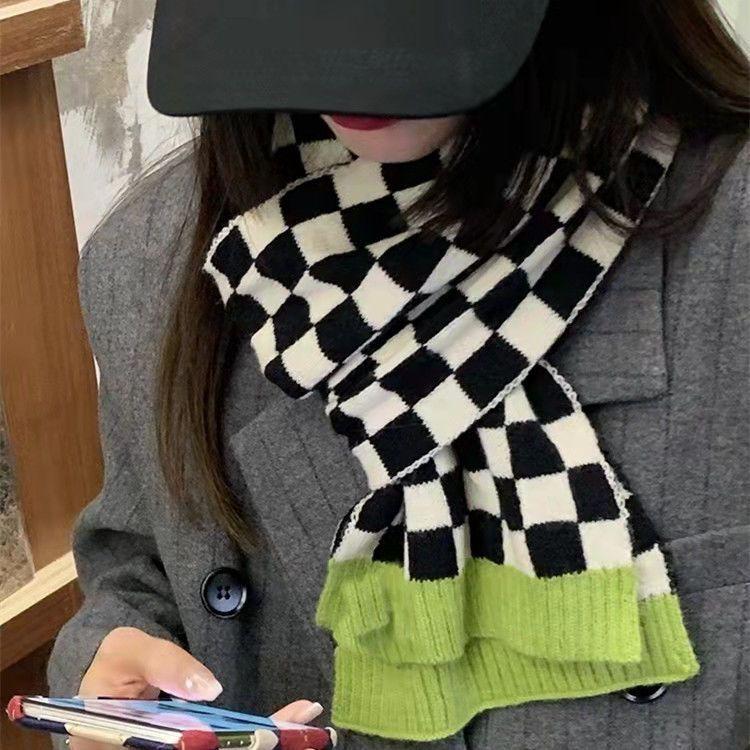 New Korean Style Checkerboard Scarf for Women Trendy Cotton Warm Thickened Scarf for Men Winter