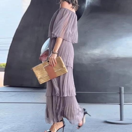 Летнее женское платье с открытыми плечами, многослойное разбросанное подол с рюшами, плиссированное однотонное шифоновое платье с половиной рукавов для выпускного вечера, вечерние макси-платье