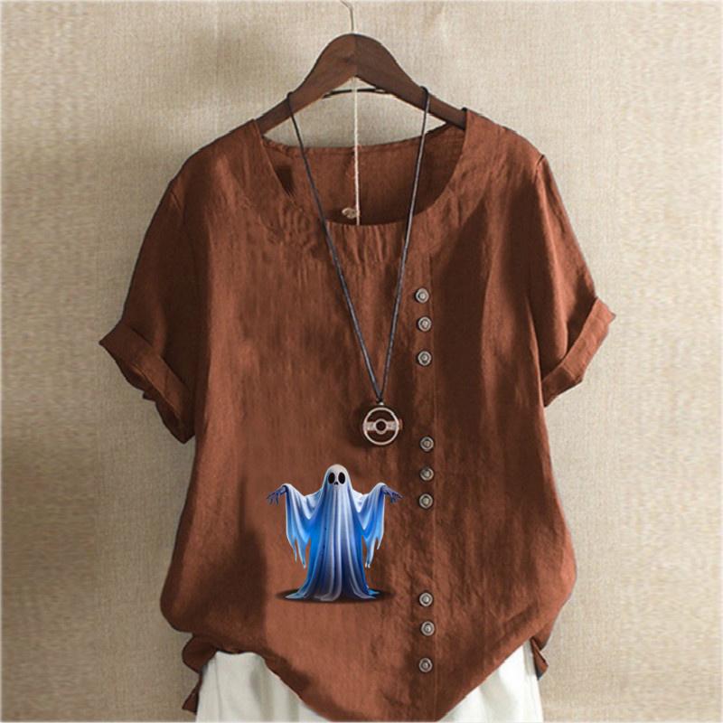 Женская модная футболка Ghost Printed с круглым вырезом и коротким рукавом, повседневная рубашка из хлопка и льна с рисунком, свободная летняя блузка для отдыха, топы