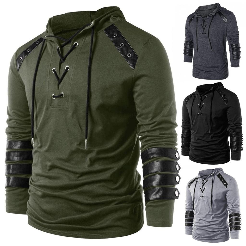 Осень и зима с капюшоном мужская кожаная повседневная индивидуальная модная толстовка с капюшоном в стиле пэчворк для мужчин с капюшоном на ремне