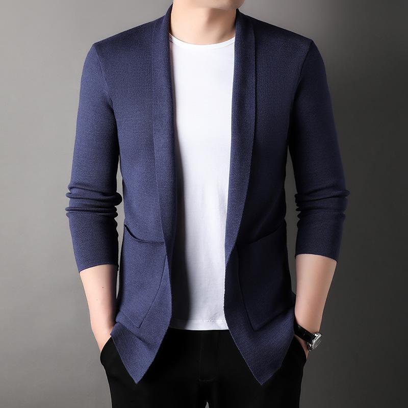 Осенний мужской кардиган средней длины, однотонный, с воротником, трикотажный жакет, свободный свитер для молодых и средних лет