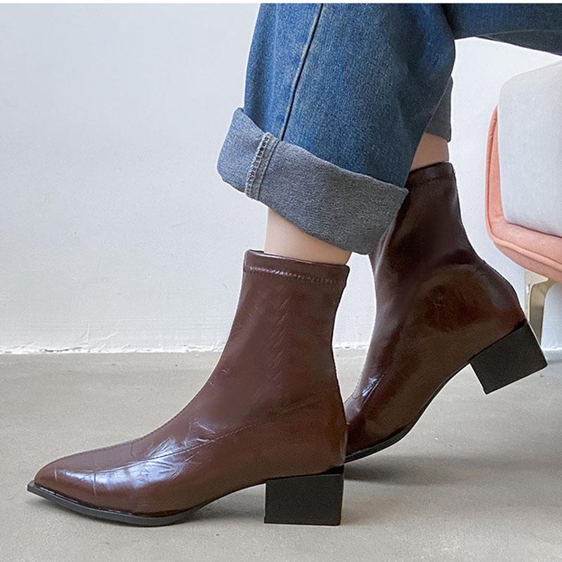 Pointed Women Ankle Boots Back Zipper Thick Heel Botas Black Patent Leather Shiny High Heel Short Boots Casual Botines Chelsea