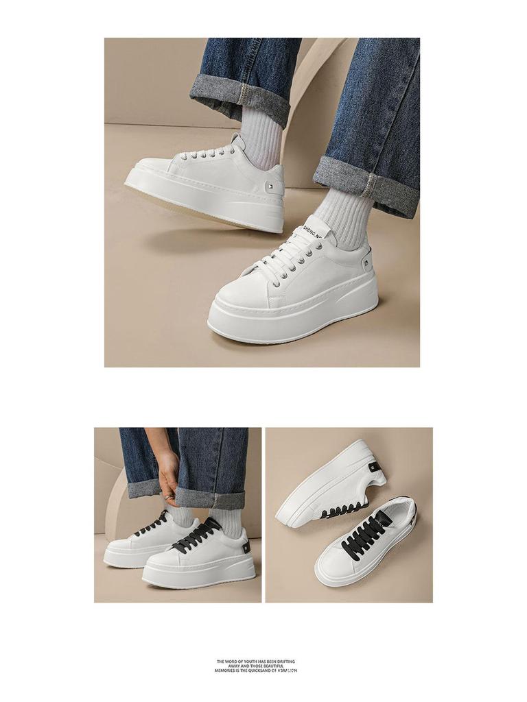 Мужские белые кроссовки на платформе - 2025 Осень Дышащие повседневные туфли на толстой подошве с дизайном, увеличивающим рост