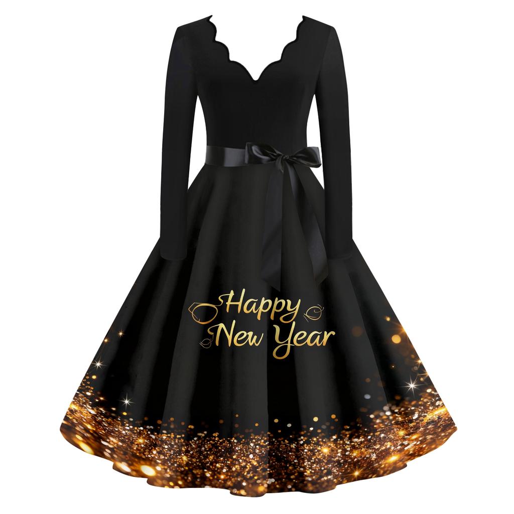 Женское повседневное модное платье винтажного стиля с V-образным вырезом и новогодним принтом