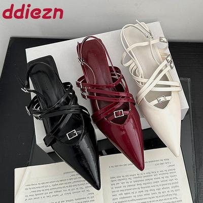 Мода Мода Туфли-лодочки с острым носком Обувь на низком каблуке для женщин 2025 Новая летняя весенняя женская обувь на неглубокой подошве Пряжка Женская обувь на каблуке